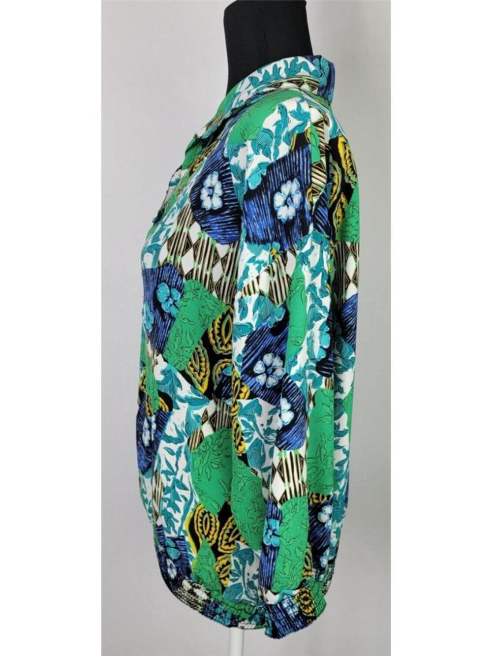Green Blue 90s Retro Abstract Floral Blouse Elastic Hem Women M / 46" Chest - Picture 6 of 10